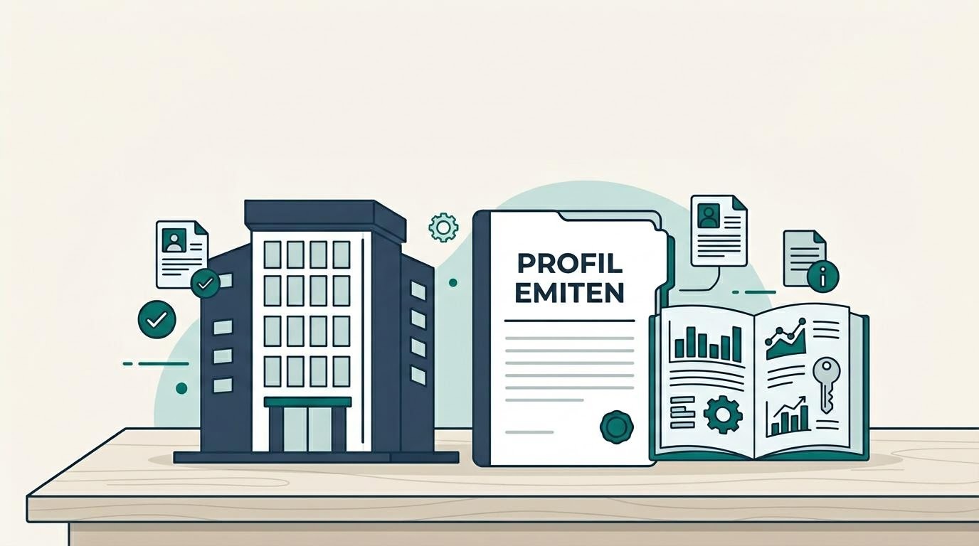 Ilustrasi gedung perusahaan tercatat dan dokumen profil emiten di atas meja