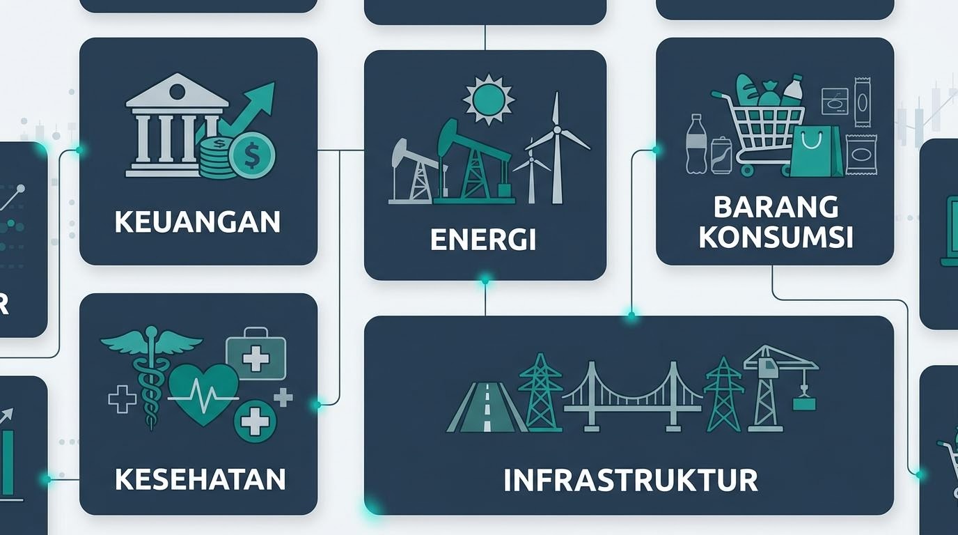 Ilustrasi kisi-kisi sektor pasar modal dengan ikon industri berbeda