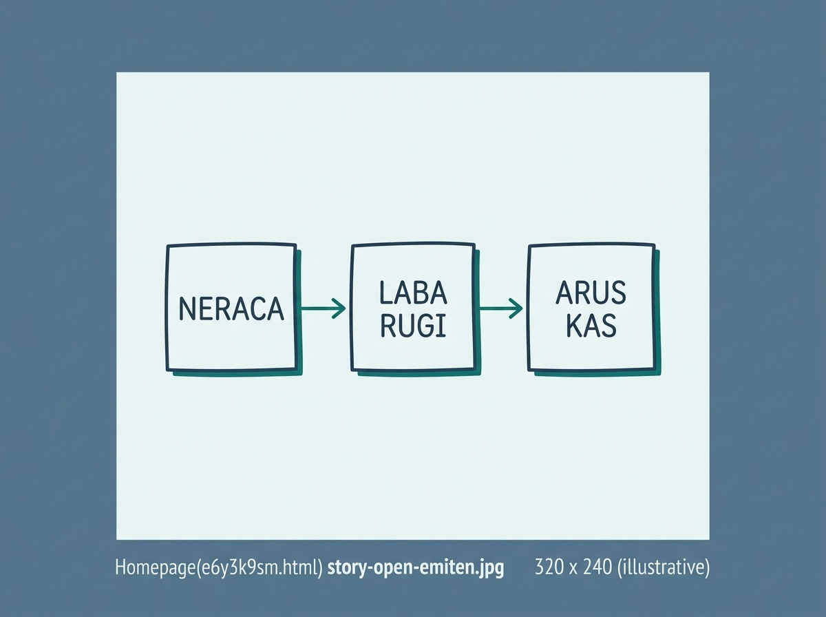 Diagram ilustratif sederhana yang menggambarkan alur membaca laporan keuangan emiten